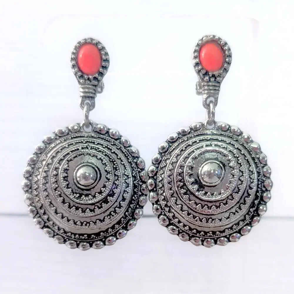 Vintage Clip On Earrings Very Large Silver with Orangey Red Accent Dangle
